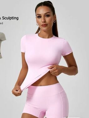 Seamless Sculpting Short Sleeve Tops - Light Pink and Black